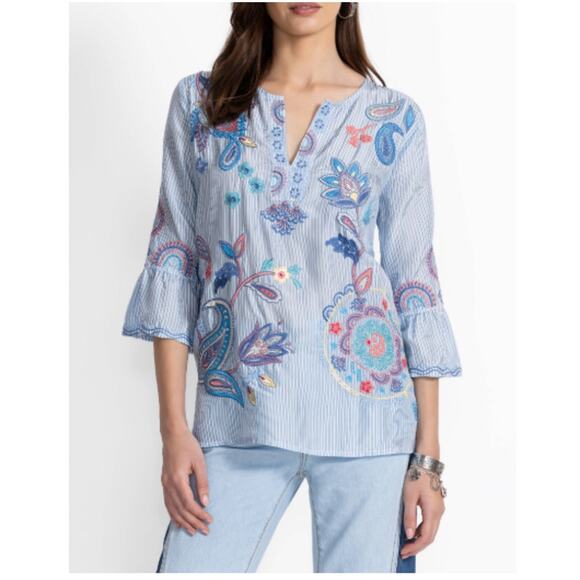 JOHNNY WAS Barine Stripe 100% Silk Nielly Ruffle Sleeve Blouse Size XS Oversize - Picture 4 of 9